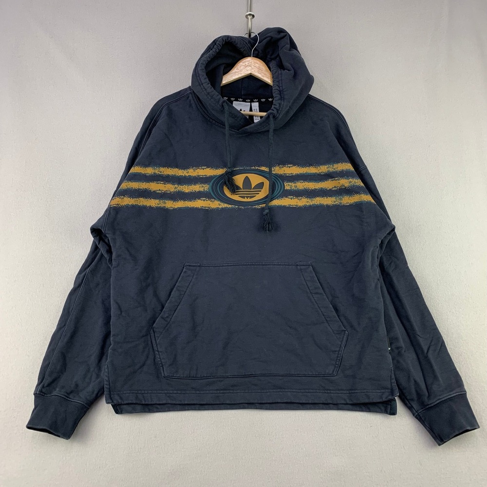 Adidas Originals Trefoil‎ Hoodie Mens Medium Black Retro Striped Terry Pullover
